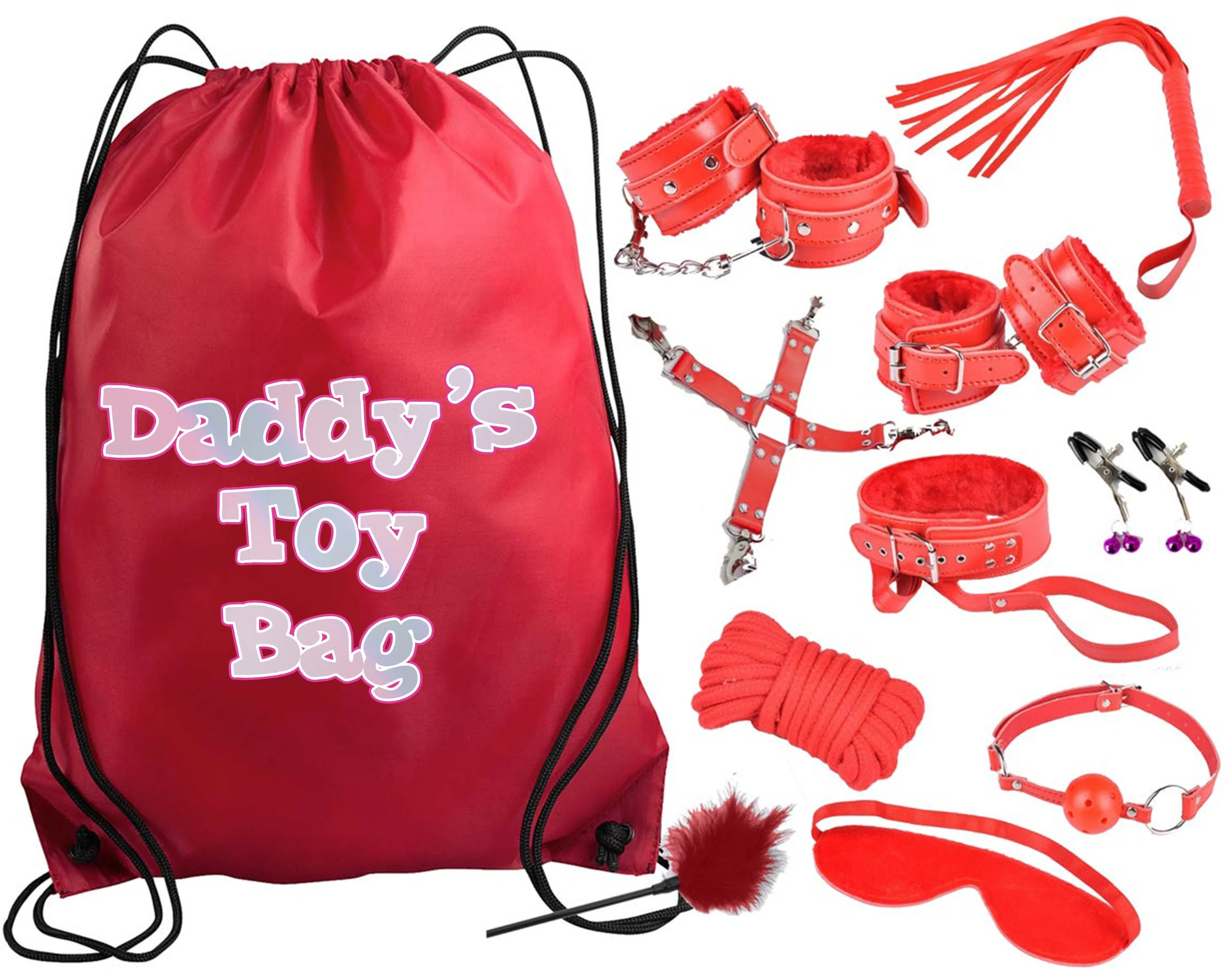 Daddy's Toy Bag Beginners Red Bondage Kit Daddy Master DDLG BDSM CGLG Submissive Dominant Rope Cuffs Leash Whip Nipple Clamps