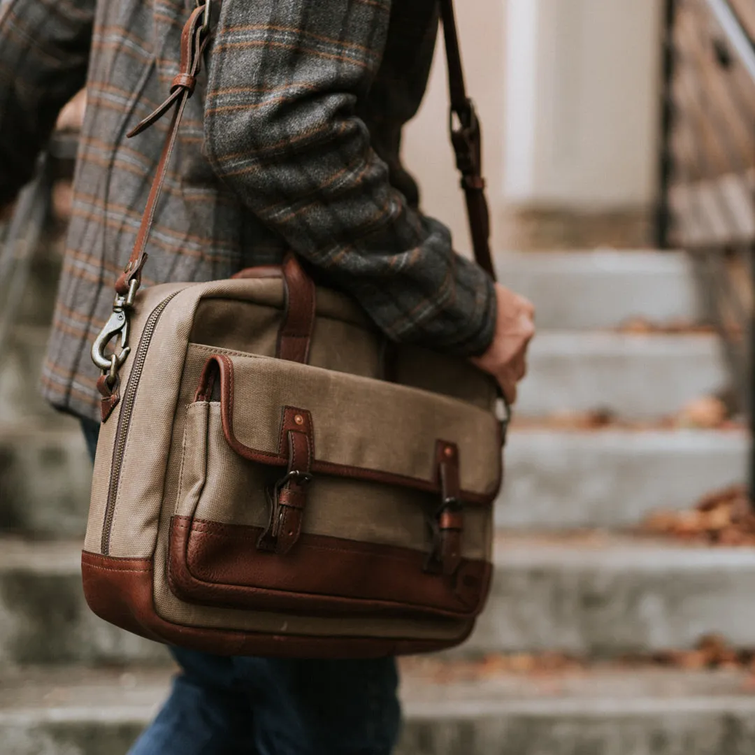 Dakota Reserve Waxed Canvas Leather Briefcase | Field Khaki with Chestnut Brown