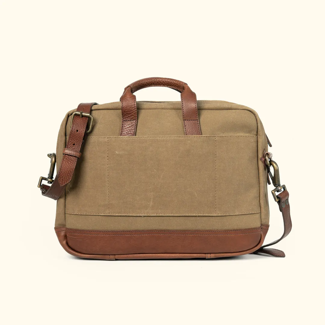 Dakota Reserve Waxed Canvas Leather Briefcase | Field Khaki with Chestnut Brown