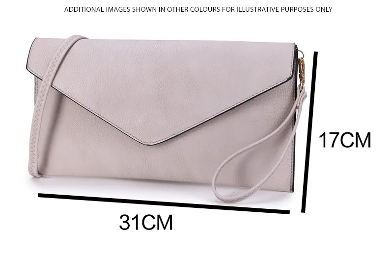 DARK GREY OVER-SIZED ENVELOPE CLUTCH BAG WITH LONG CROSS BODY AND WRISTLET STRAP