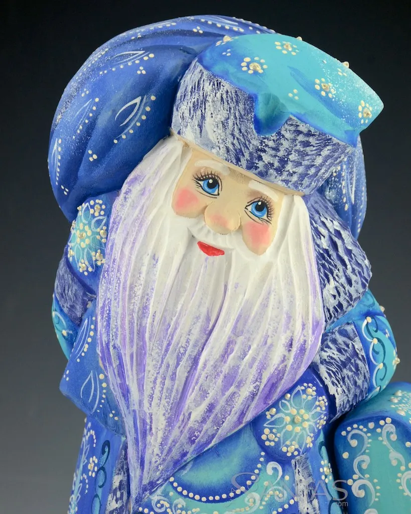 Decorative Blue Russian Santa with Satchel and Scenic Toy Bag 9.5 inch