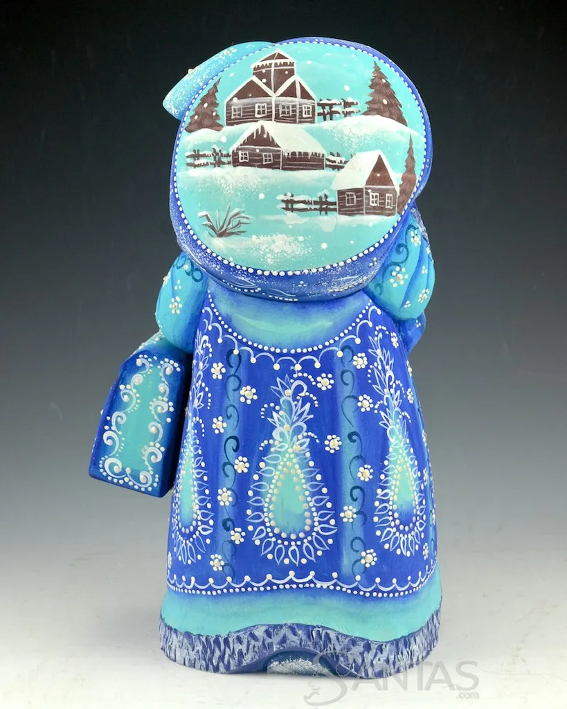 Decorative Blue Russian Santa with Satchel and Scenic Toy Bag 9.5 inch