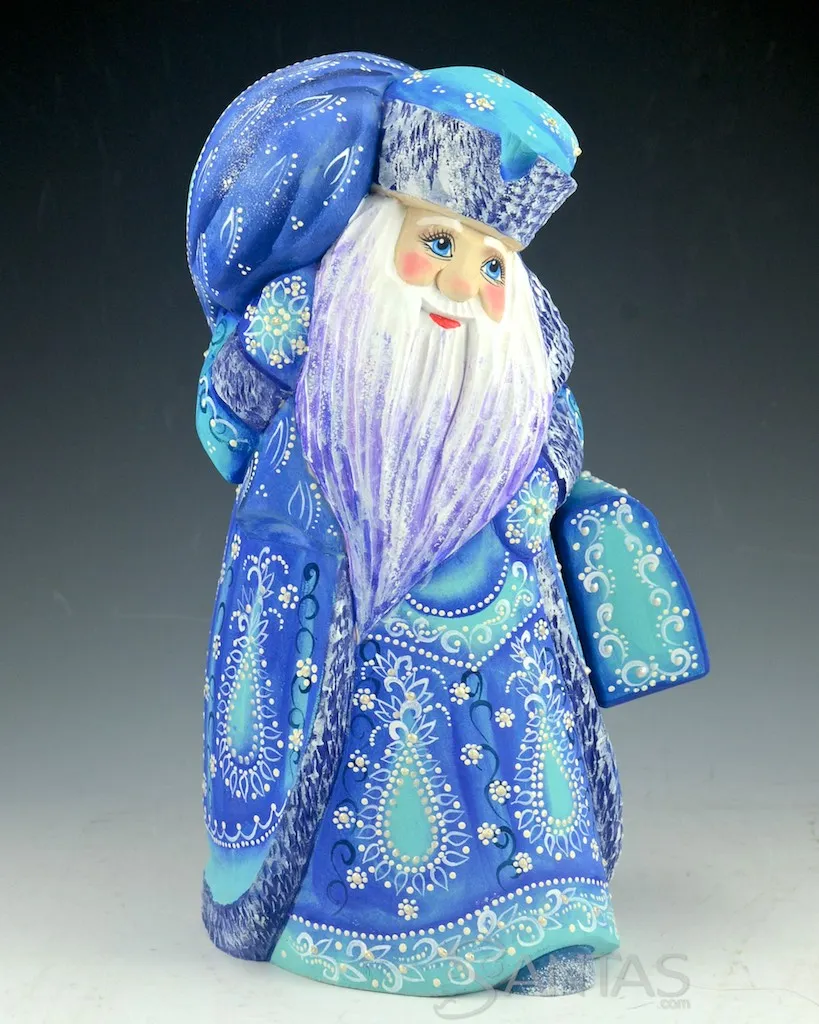 Decorative Blue Russian Santa with Satchel and Scenic Toy Bag 9.5 inch