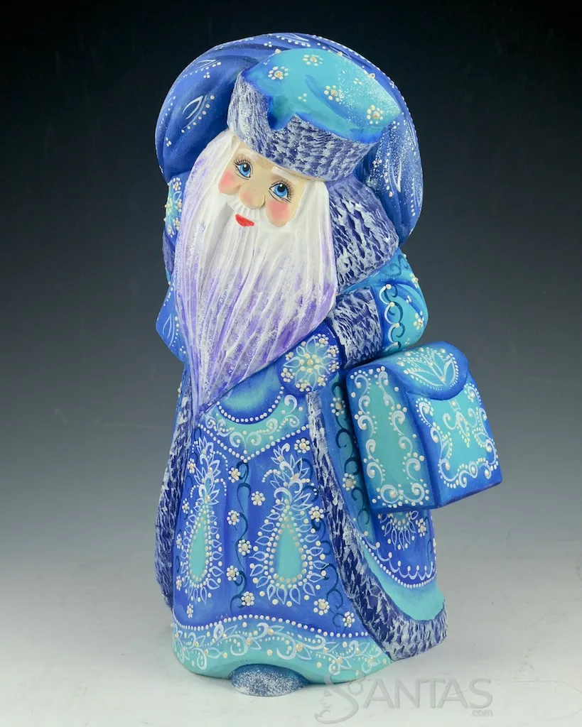 Decorative Blue Russian Santa with Satchel and Scenic Toy Bag 9.5 inch