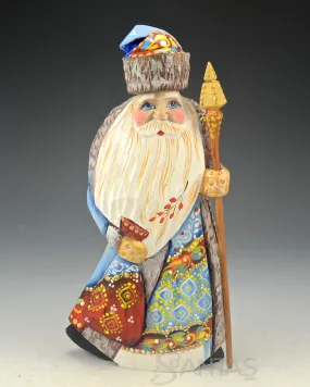 Decorative Blue Russian Santa with Staff and Toy Bag 7.5 inches