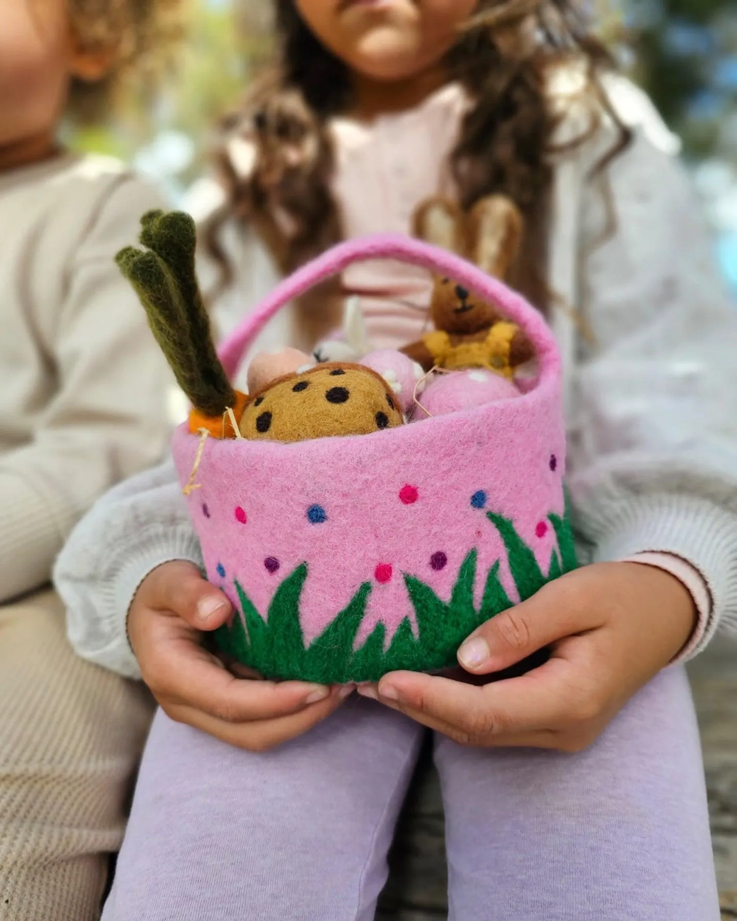 Felt Pink Basket with Colourful Dots