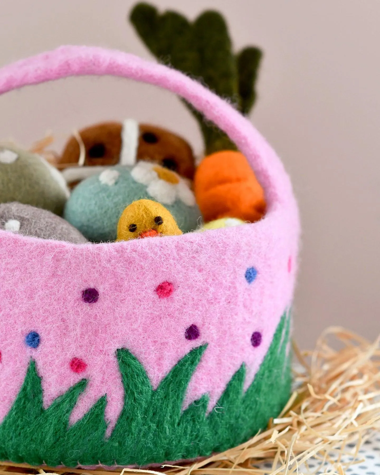 Felt Pink Basket with Colourful Dots