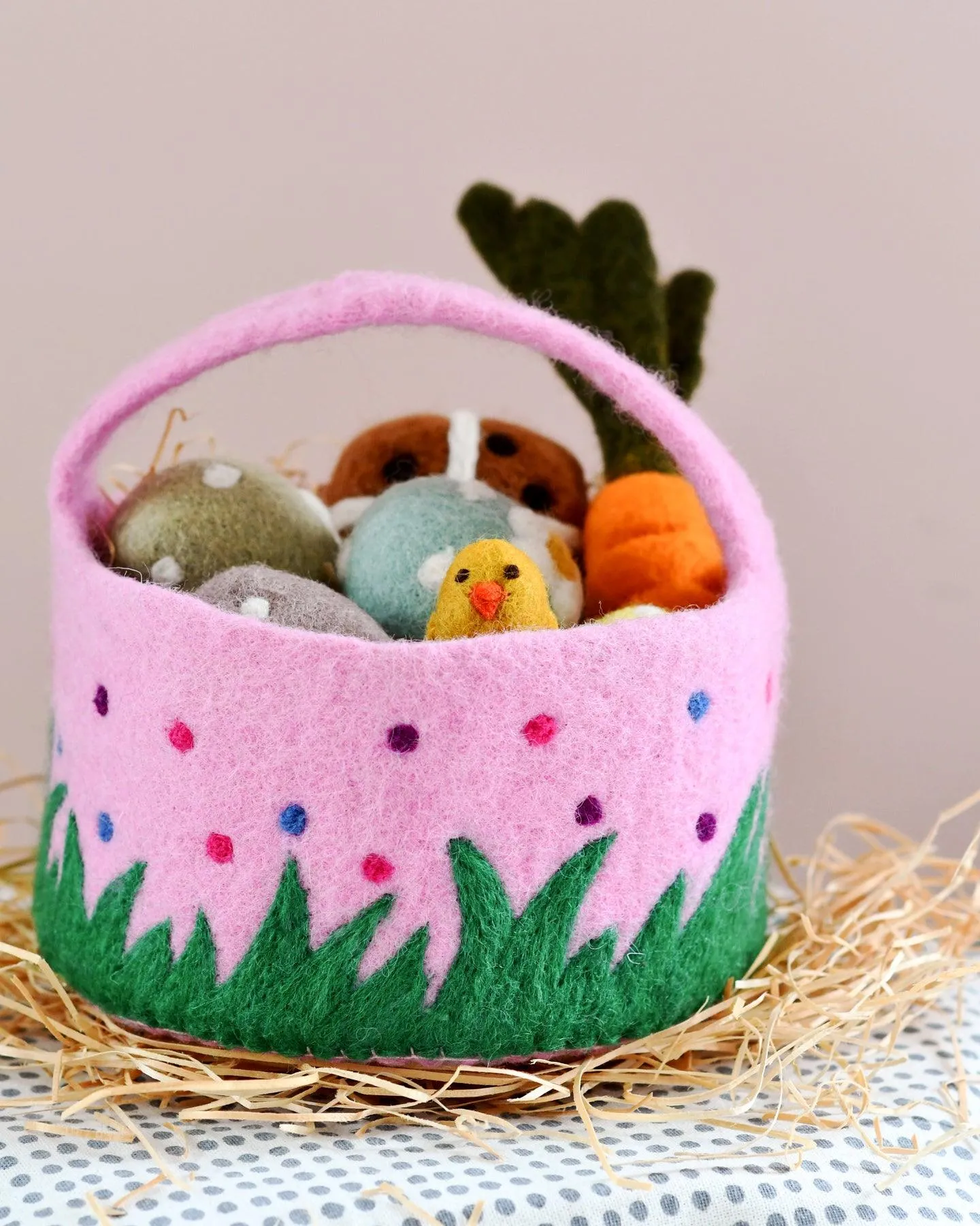 Felt Pink Basket with Colourful Dots