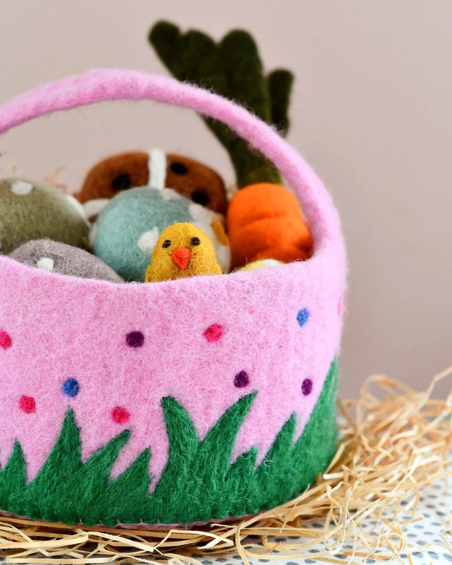 Felt Pink Basket with Colourful Dots