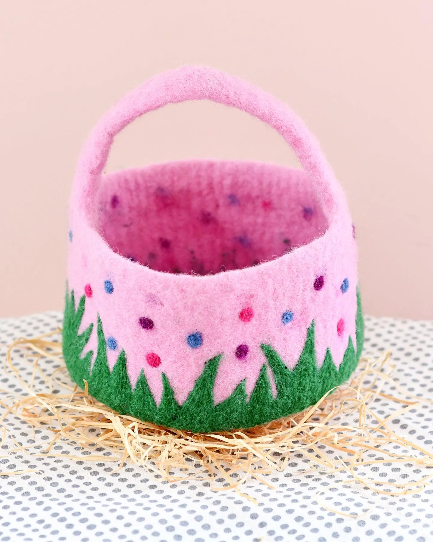 Felt Pink Basket with Colourful Dots