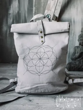 Flower Of Life Huge Roll Top Laptop Backpack / Atua Tino / Light Gray