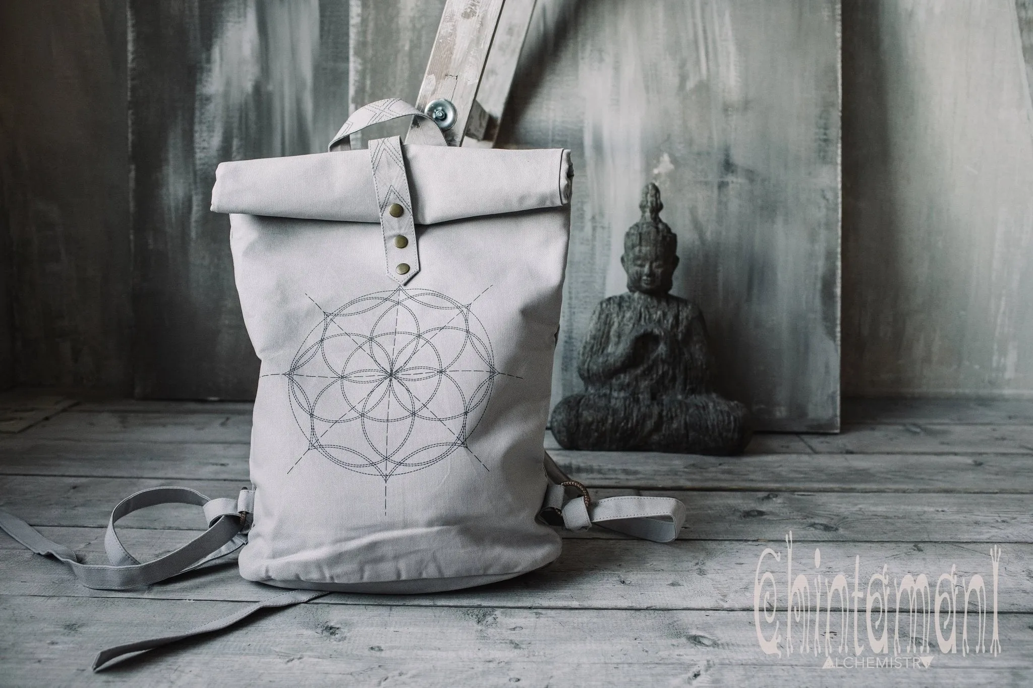 Flower Of Life Huge Roll Top Laptop Backpack / Atua Tino / Light Gray