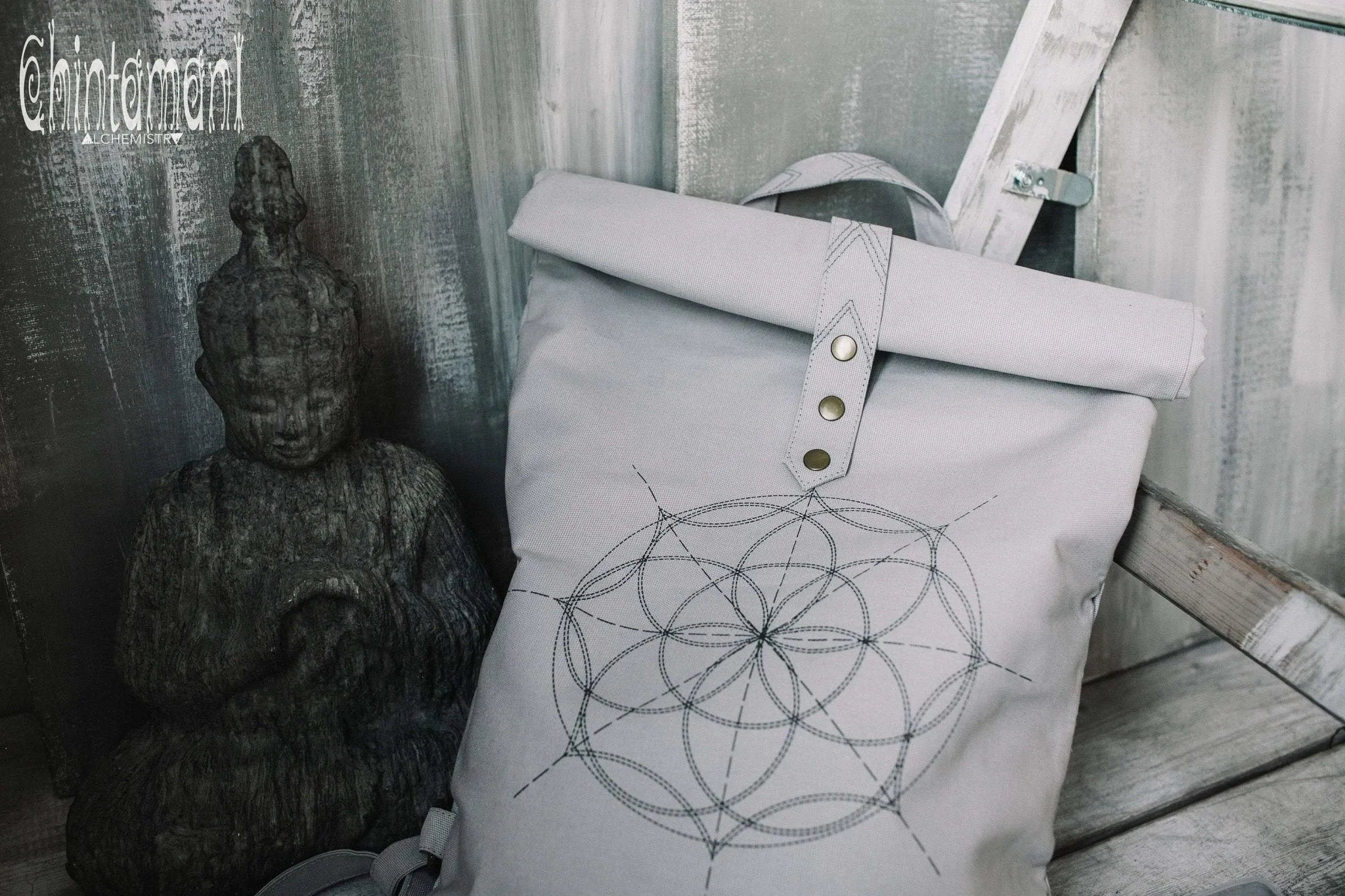 Flower Of Life Huge Roll Top Laptop Backpack / Atua Tino / Light Gray