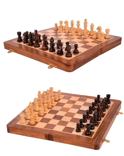 Foldable Wooden Magnetic Chess Set, 12 Inches, Brown, 2 Players, Extra Queens, Handcrafted Pieces