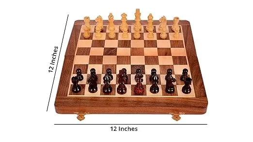 Foldable Wooden Magnetic Chess Set, 12 Inches, Brown, 2 Players, Extra Queens, Handcrafted Pieces