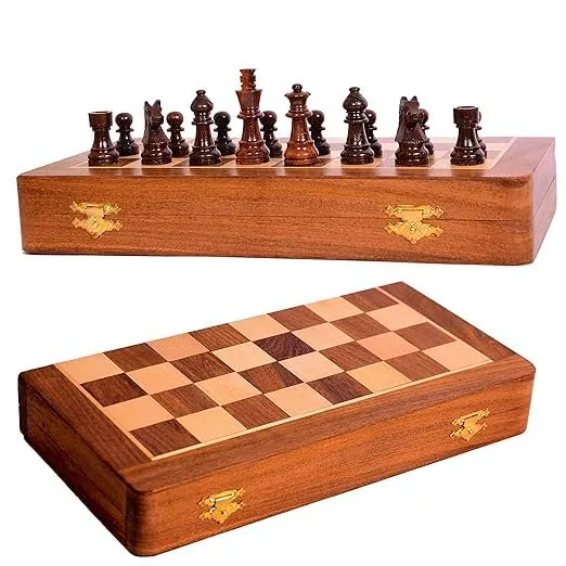 Foldable Wooden Magnetic Chess Set, 12 Inches, Brown, 2 Players, Extra Queens, Handcrafted Pieces