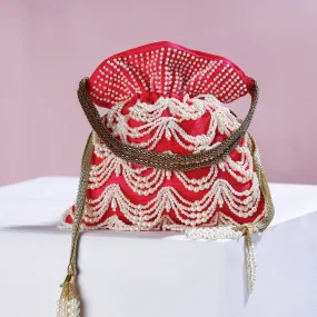 Fuchsia Pink Hand Embroidery Beadwork Silk Potli Bag