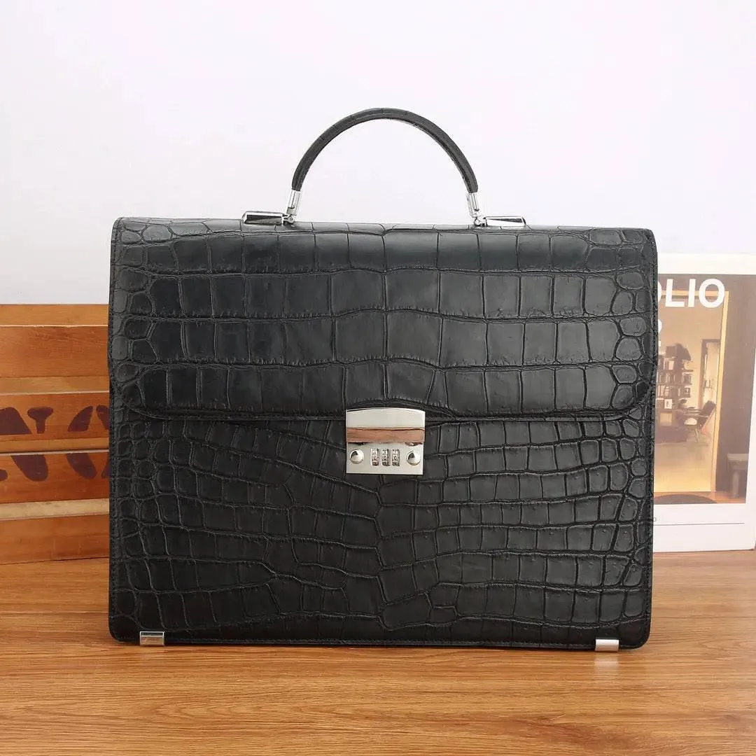 Genuine Crocodile Leather Briefcase Password Lock Buiness Bag Black