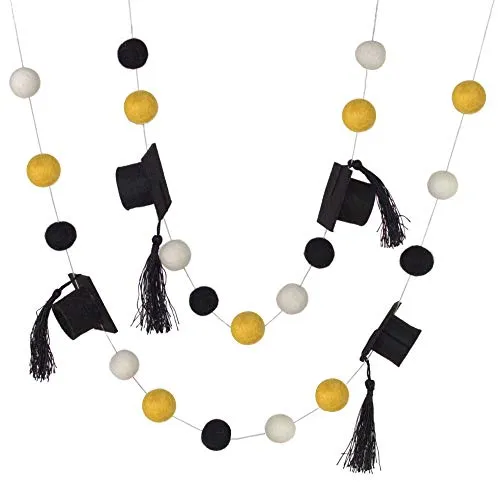 Graduation Cap Felt Garland- Black Gold White with BLACK tassels