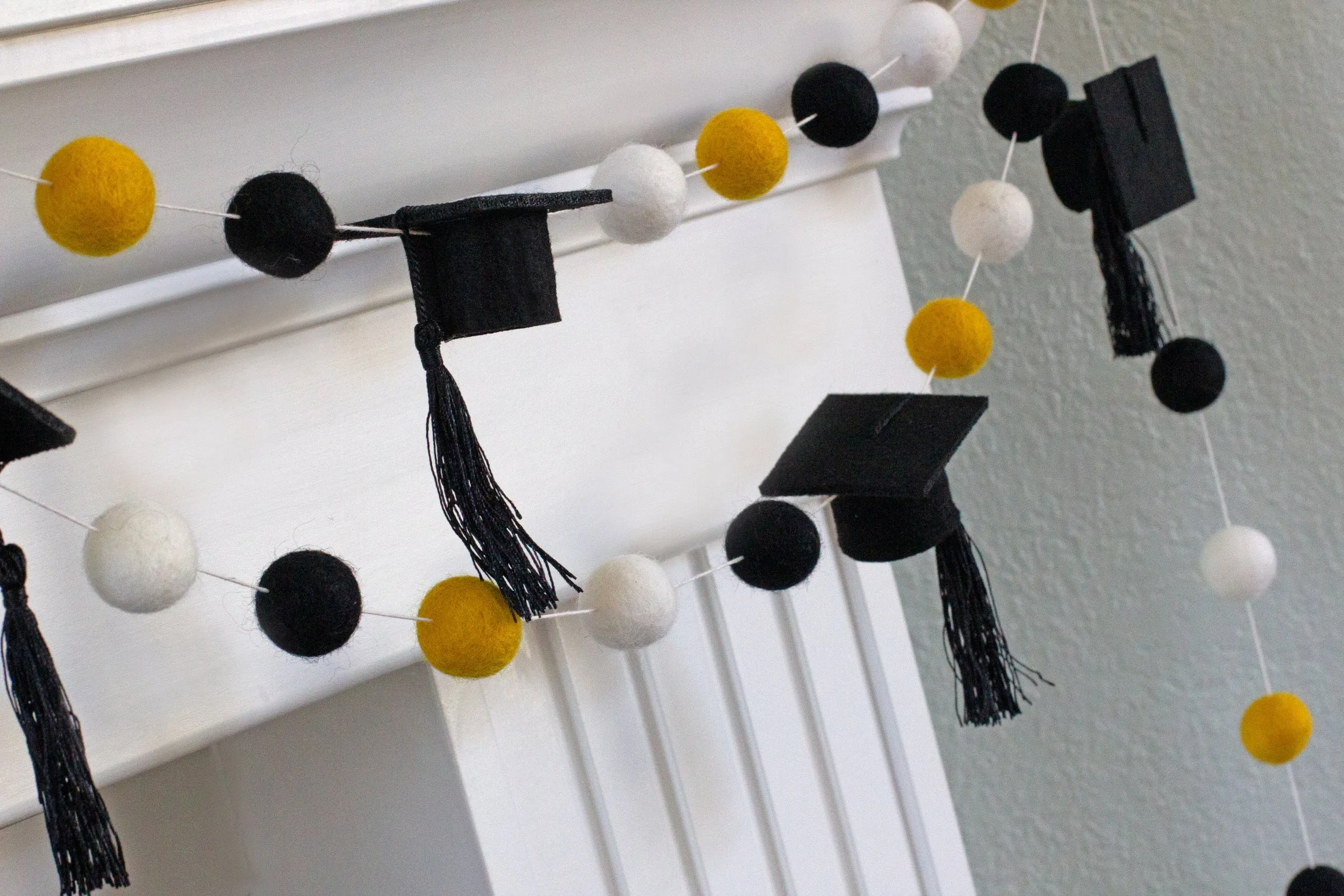 Graduation Cap Felt Garland- Black Gold White with BLACK tassels