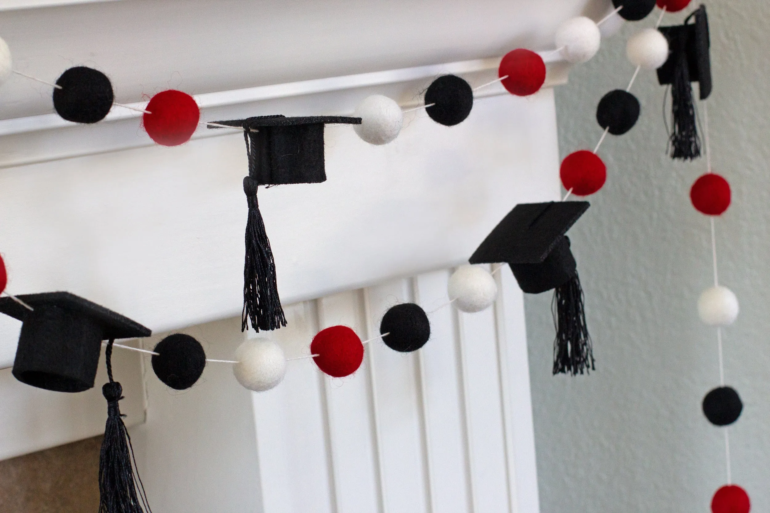 Graduation Cap Felt Garland- Red Black White with BLACK tassels