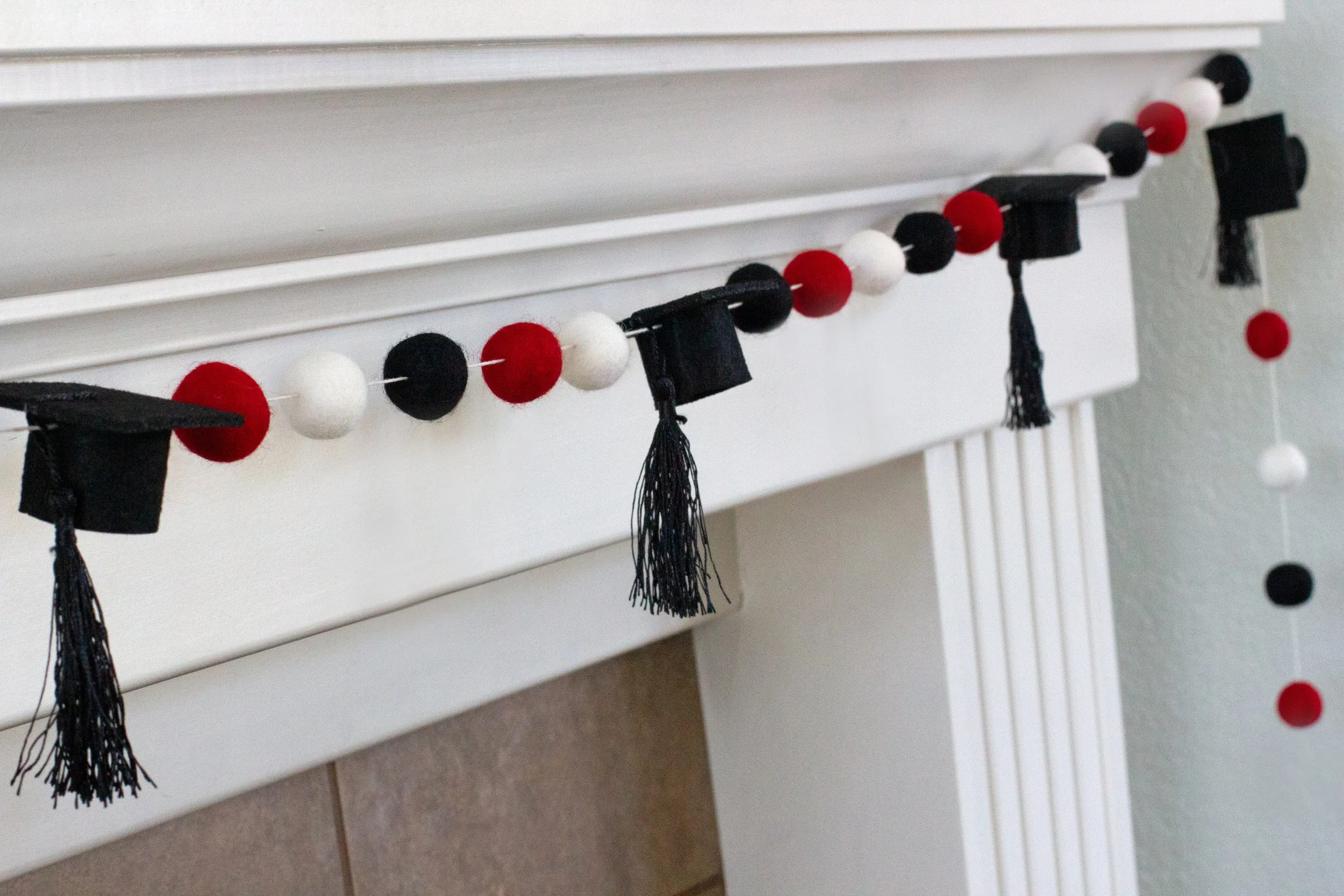 Graduation Cap Felt Garland- Red Black White with BLACK tassels