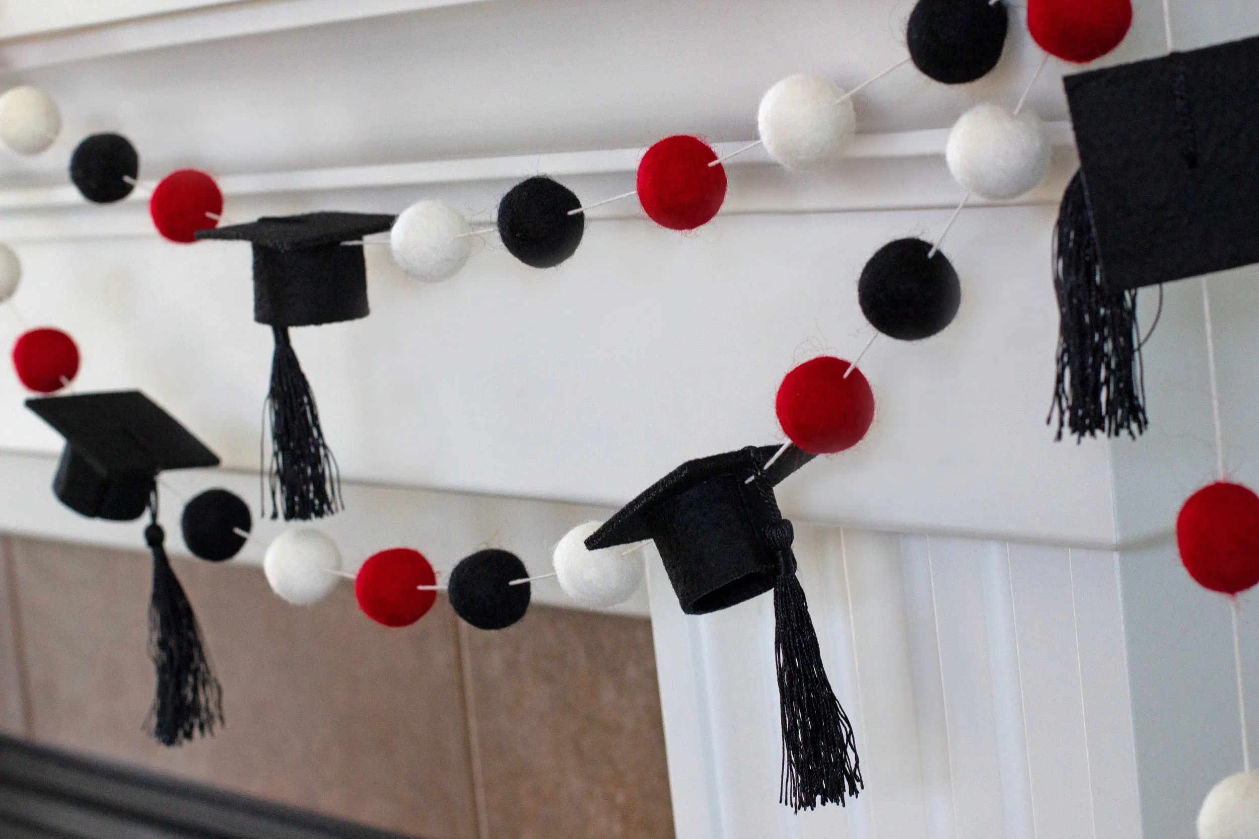 Graduation Cap Felt Garland- Red Black White with BLACK tassels