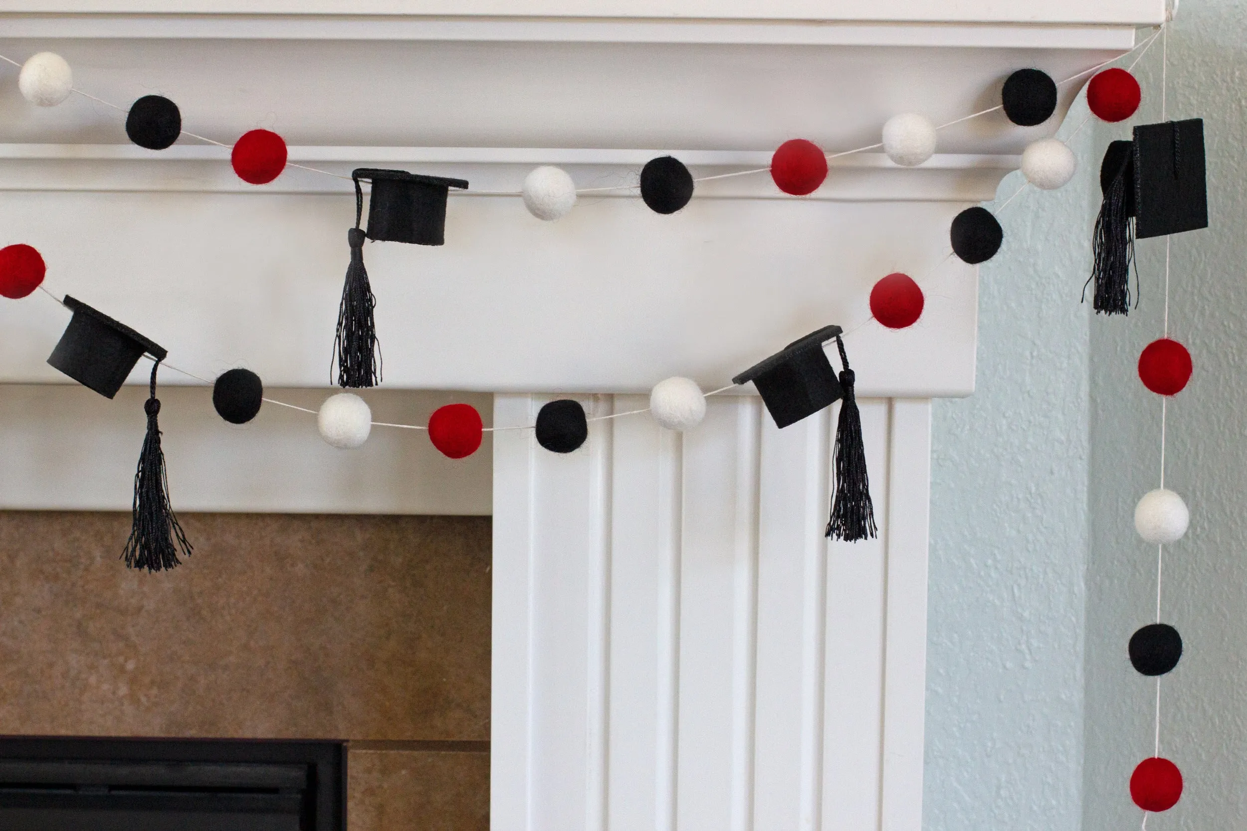 Graduation Cap Felt Garland- Red Black White with BLACK tassels