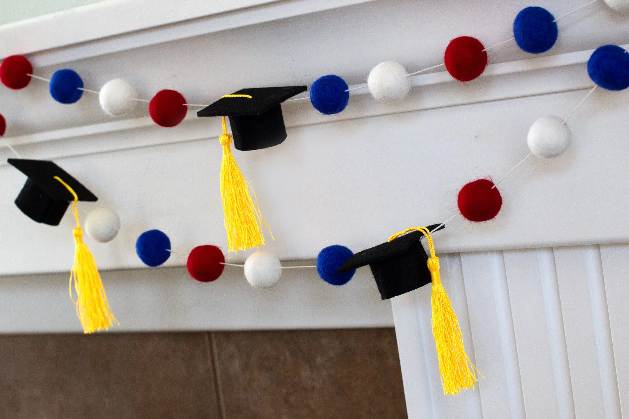 Graduation Cap Felt Garland- Red Blue White with GOLD tassels