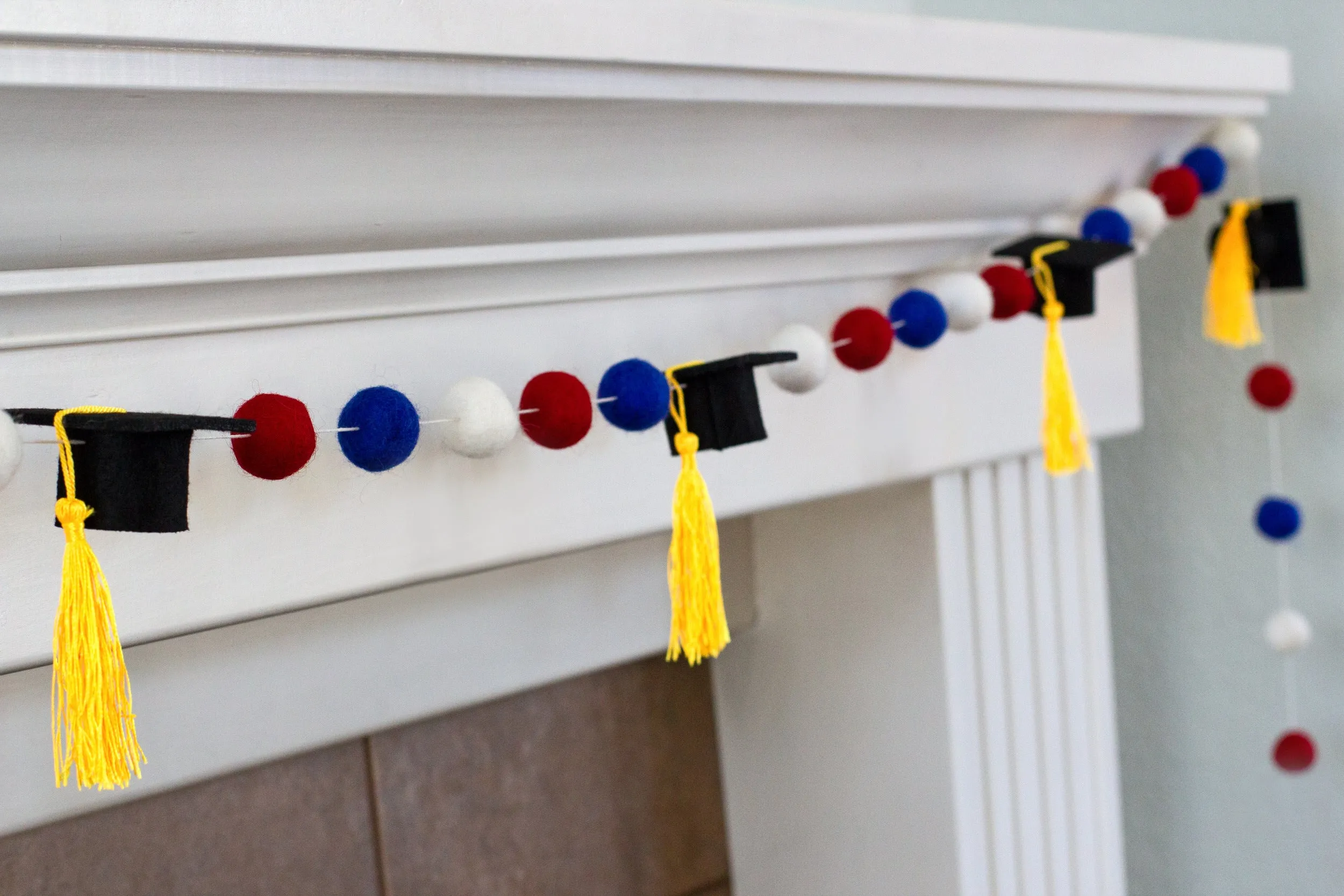 Graduation Cap Felt Garland- Red Blue White with GOLD tassels