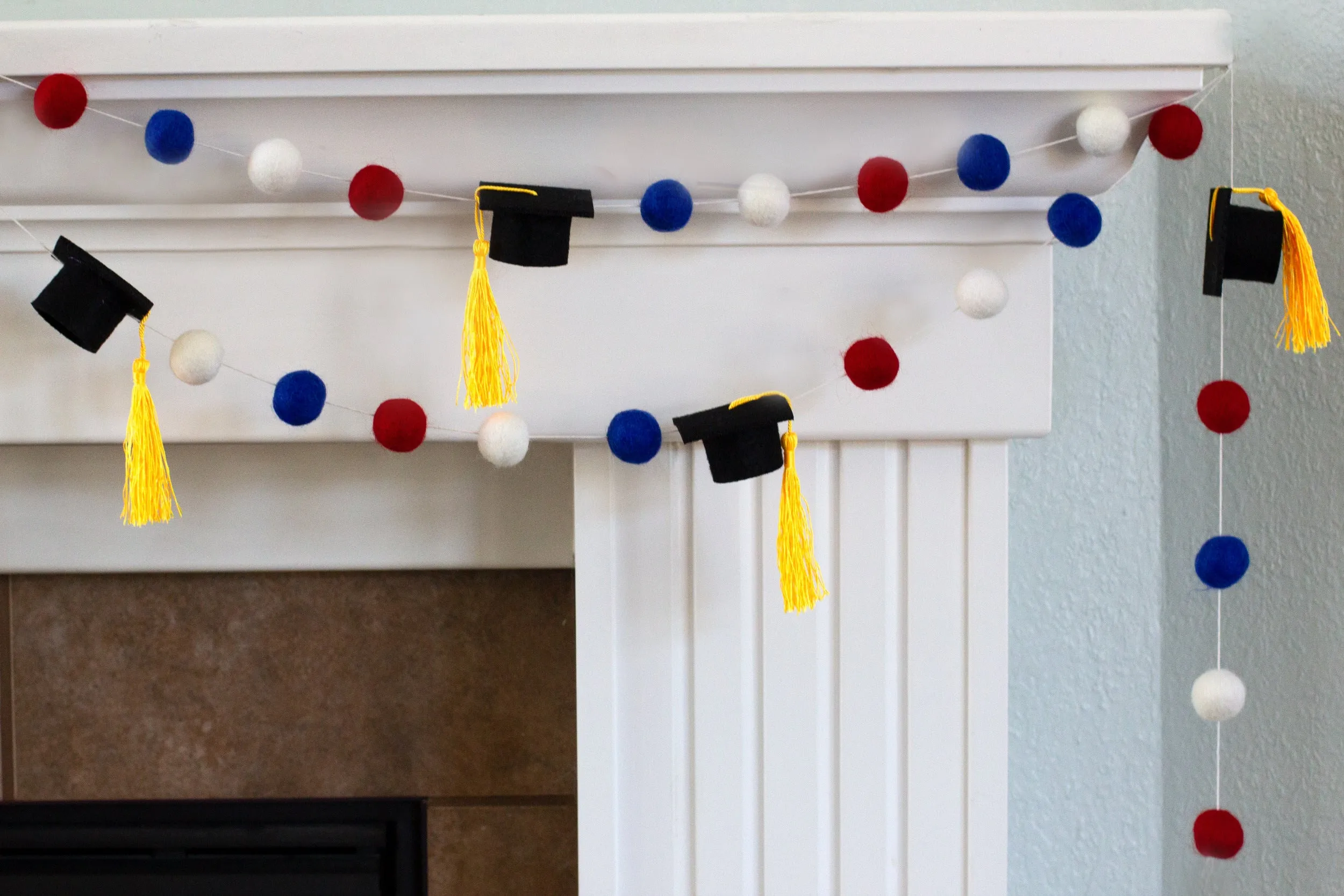 Graduation Cap Felt Garland- Red Blue White with GOLD tassels