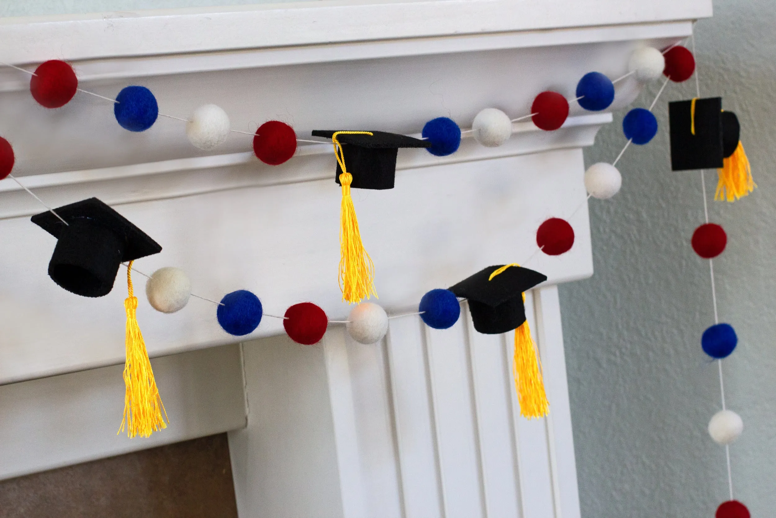 Graduation Cap Felt Garland- Red Blue White with GOLD tassels