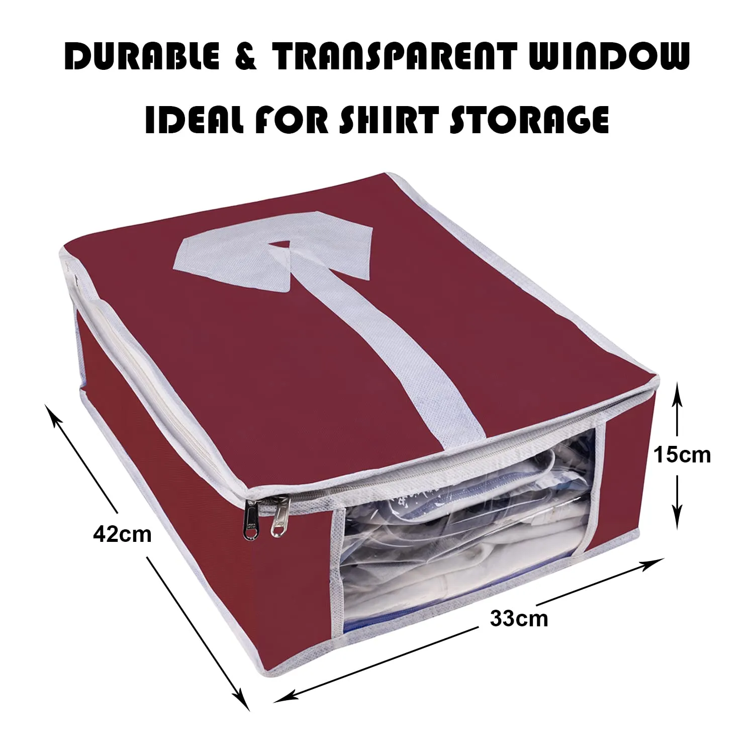 Heart Home Shirt Cover | Foldable & Durable Wardrobe Organizer | Non Woven Shirt Organizer for Home & Traveling with Transparent Window | Pack of 3 | Maroon