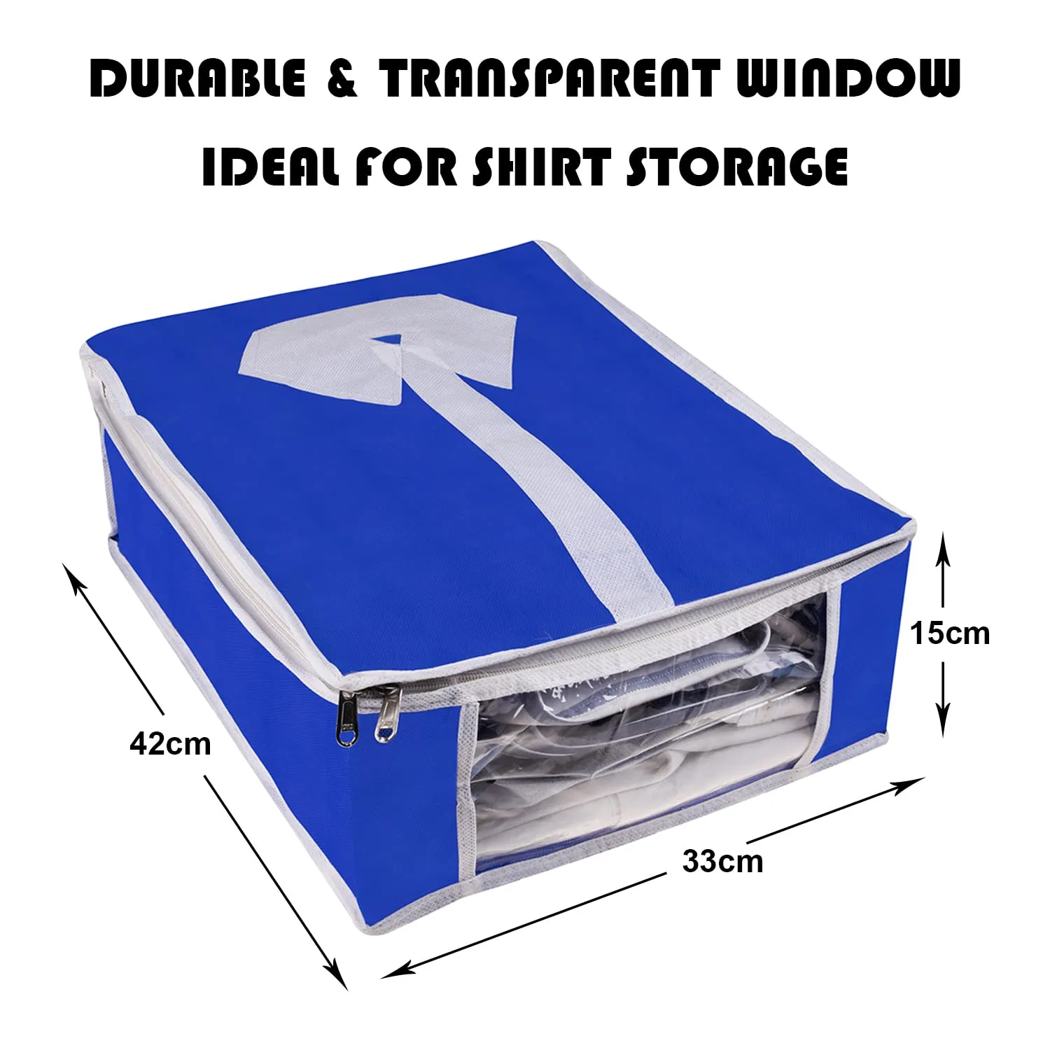 Heart Home Shirt Cover | Foldable & Durable Wardrobe Organizer | Non Woven Shirt Organizer for Home & Traveling with Transparent Window | Pack of 4 | Blue