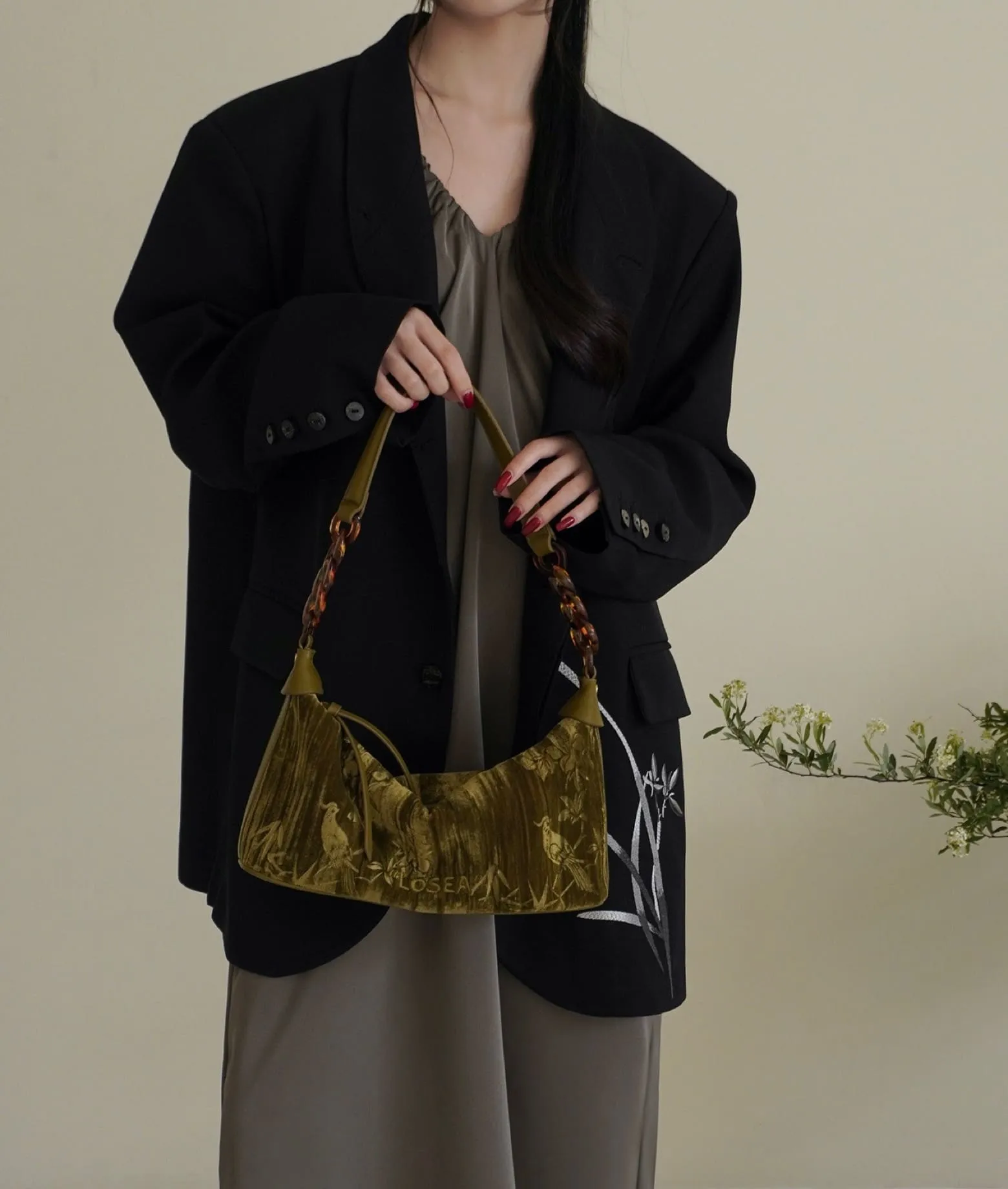 IRIS and BIRD embroidered velvet bag