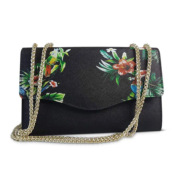 IVANHOE - Addison Road Black Leather Clutch Bag with Tropical Print