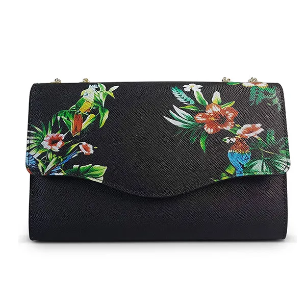 IVANHOE - Addison Road Black Leather Clutch Bag with Tropical Print