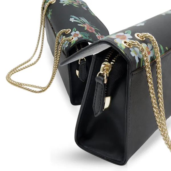 IVANHOE - Addison Road Black Leather Clutch Bag with Tropical Print