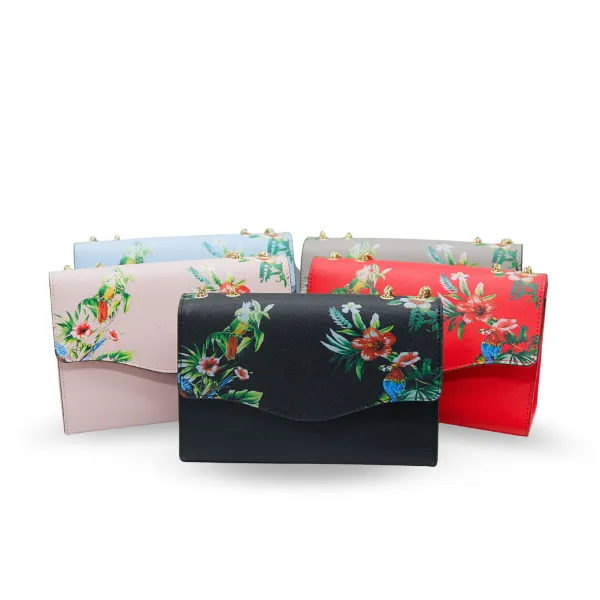 IVANHOE - Addison Road Black Leather Clutch Bag with Tropical Print