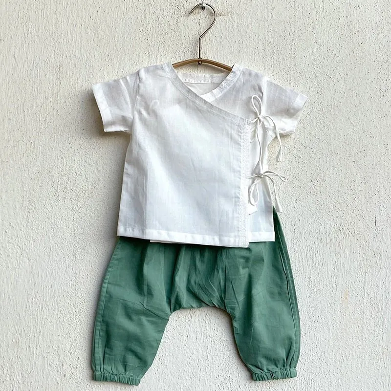 Kids Unisex Organic Cotton Koi Mint and White Angarakha with Pants