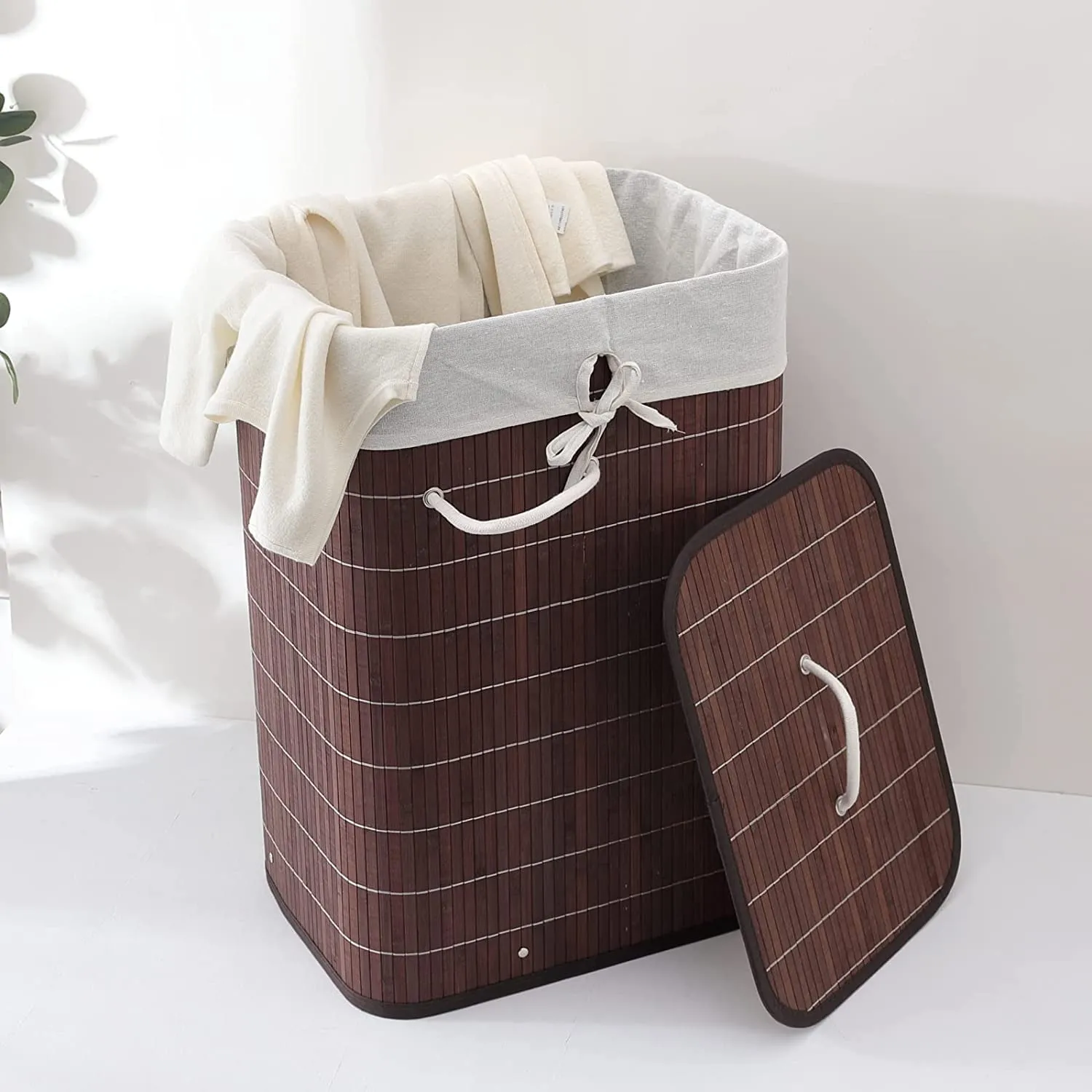 Kuber Industries Bamboo Basket With Lid|Foldable Laundry Basket For Clothes|Durable Rope Handles & Removable Bag|Dark Brown| (Pack Of 4)