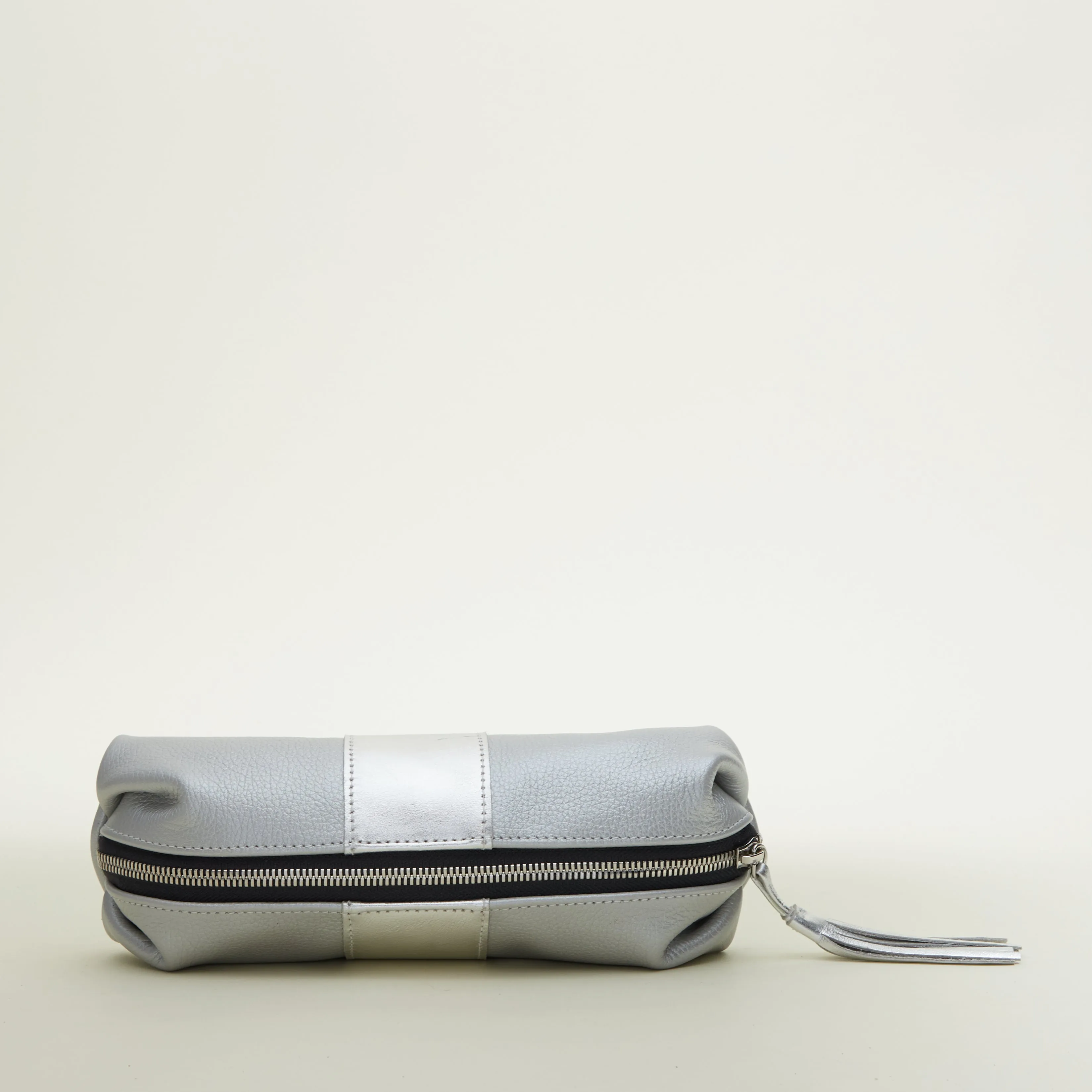 Large Cosmetic Pouch | Grey Silver with Silver Stripe "The Jen"