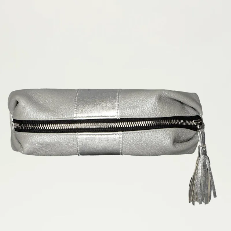 Large Cosmetic Pouch | Grey Silver with Silver Stripe "The Jen"