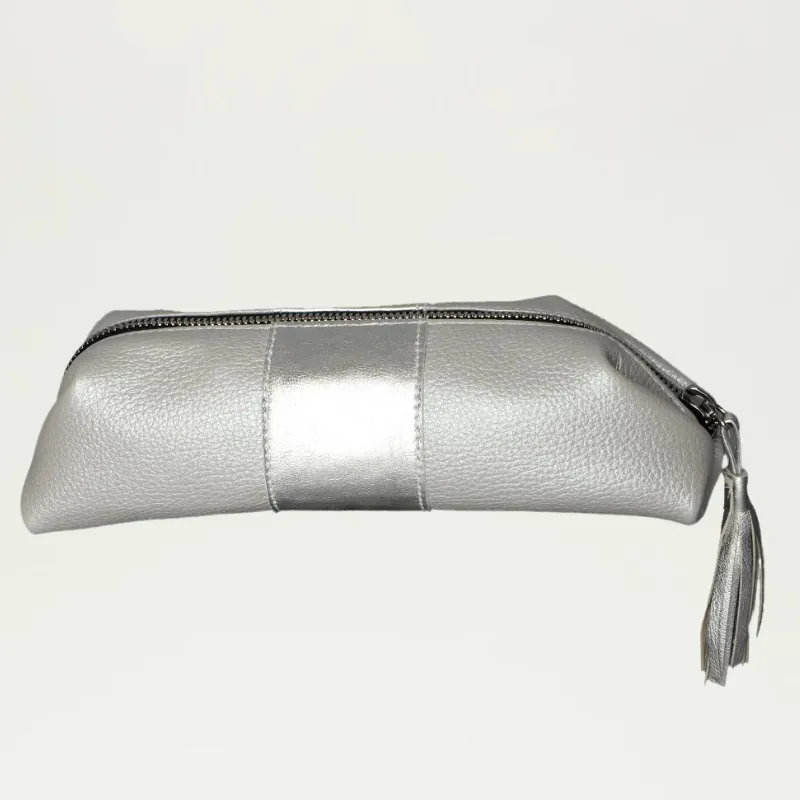 Large Cosmetic Pouch | Grey Silver with Silver Stripe "The Jen"