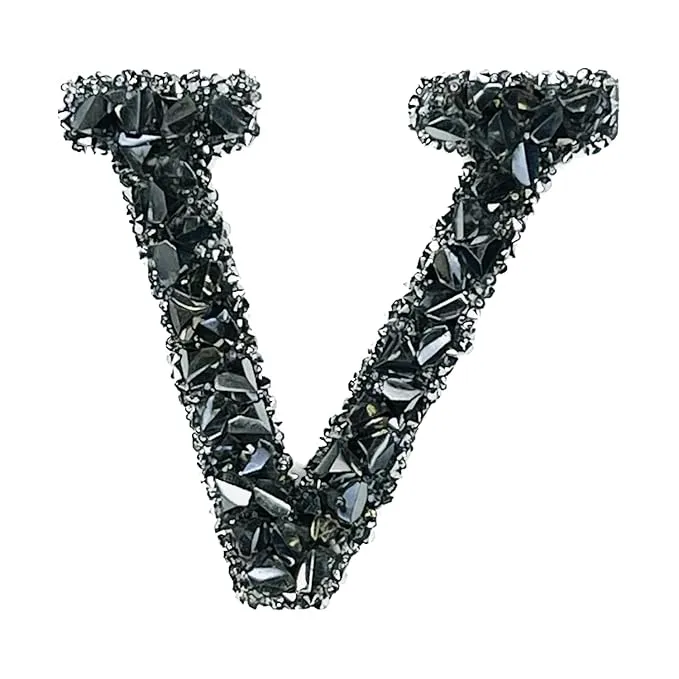 Letter V Black Sparkling Rhinestone Patch