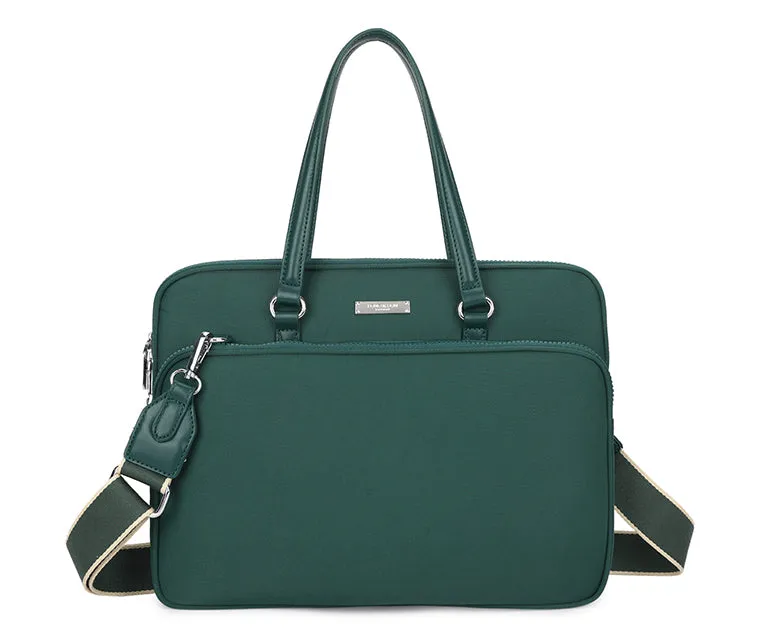 LIGHTWEIGHT FOREST GREEN MULTI COMPARTMENT LAPTOP HANDBAG WITH LONG SHOULDER STRAP