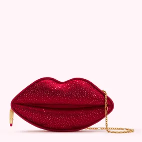 LULU RED MEDIUM SATIN LIPS CLUTCH BAG WITH SWAROVSKI® CRYSTALS