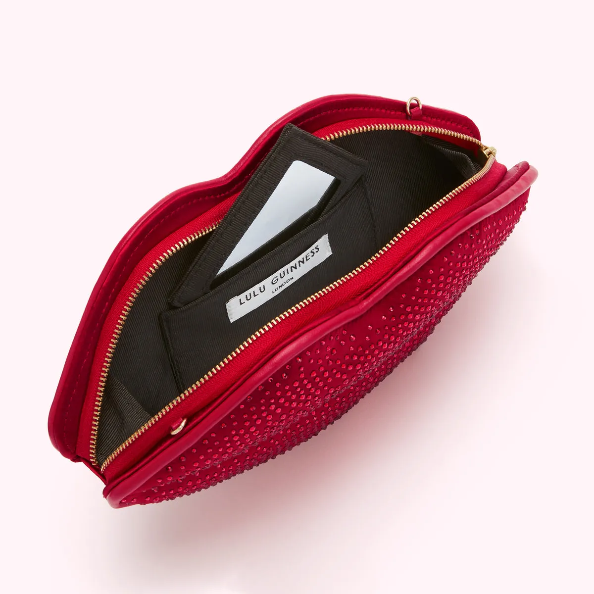 LULU RED MEDIUM SATIN LIPS CLUTCH BAG WITH SWAROVSKI® CRYSTALS