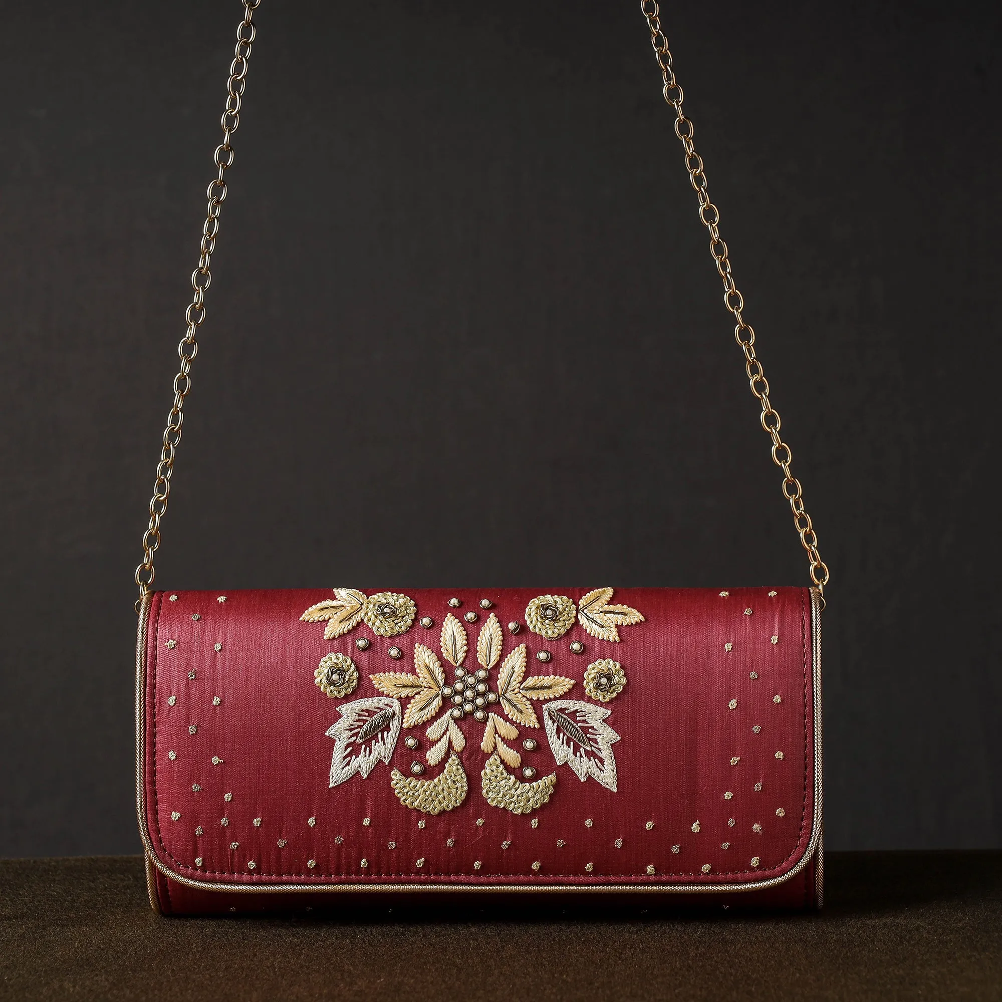 Maroon - Chikankari Hand Embroidery Tussar Silk Clutch / Sling Bag