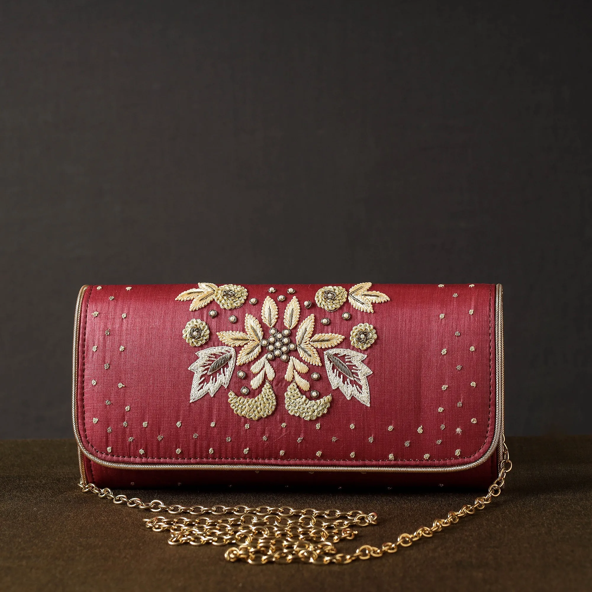 Maroon - Chikankari Hand Embroidery Tussar Silk Clutch / Sling Bag